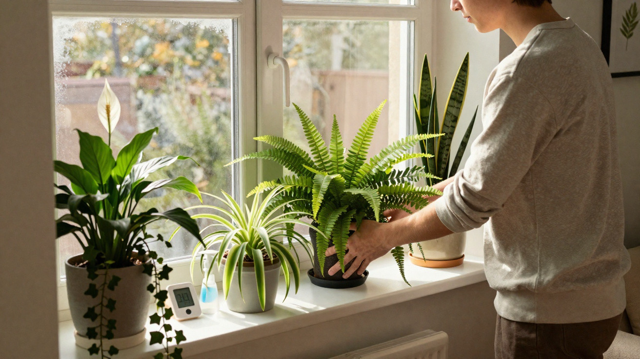 Pessoa a cuidar de plantas numa janela luminosa com vários vasos verdes e natureza visível do lado de fora.