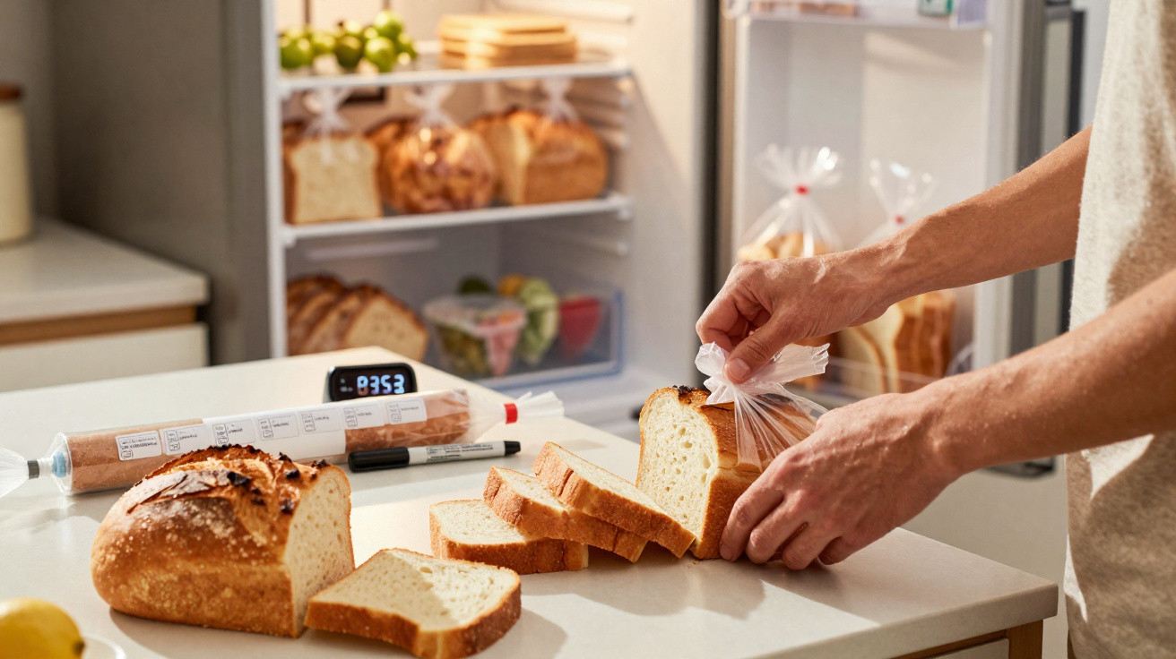 Pessoa a guardar fatias de pão numa embalagem de plástico, com forno aberto e mais pão no fundo.