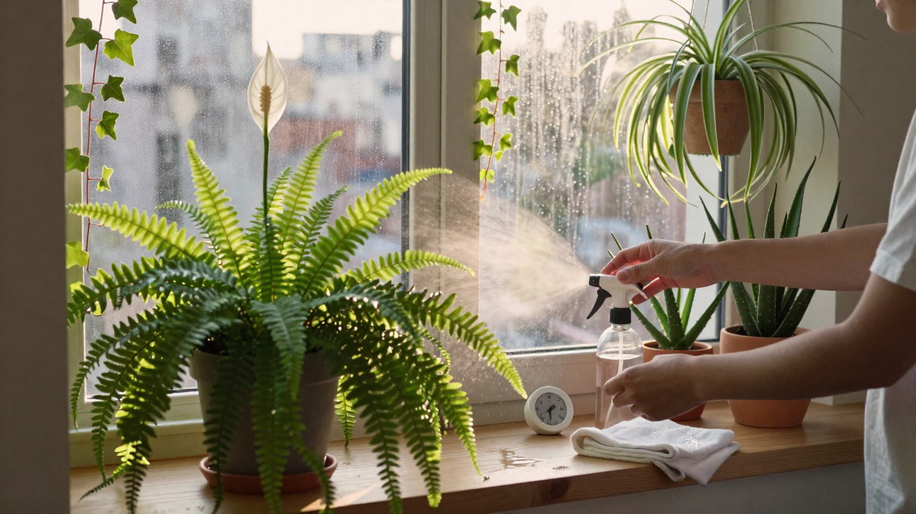 Pessoa a borrifar plantas verdes em vaso numa janela com luz natural de manhã.