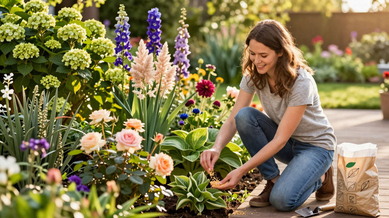 Mulher sorridente a cuidar de plantas num jardim florido, sentada no chão ao fim da tarde.