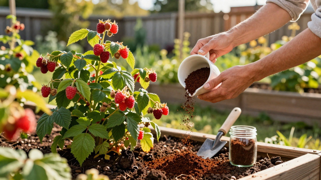 Pessoa a fertilizar planta de framboesas num jardim com solo preparado e utensílios de jardinagem.
