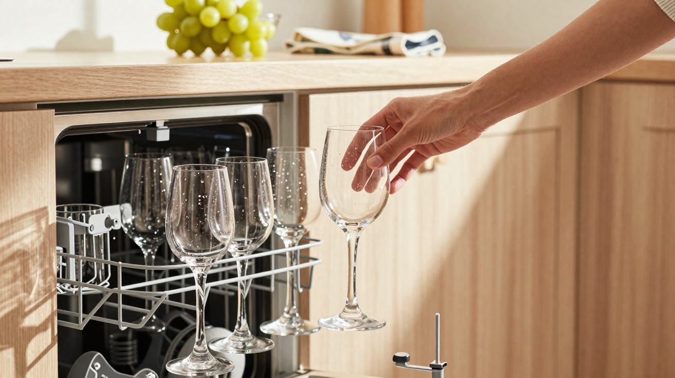 Mão a retirar copo de vinho branco limpo da máquina de lavar loiça numa cozinha de madeira clara.
