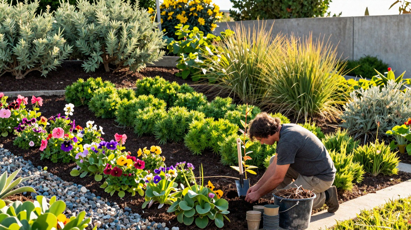 Homem a plantar árvores num jardim com flores coloridas e plantas variadas ao pôr do sol.