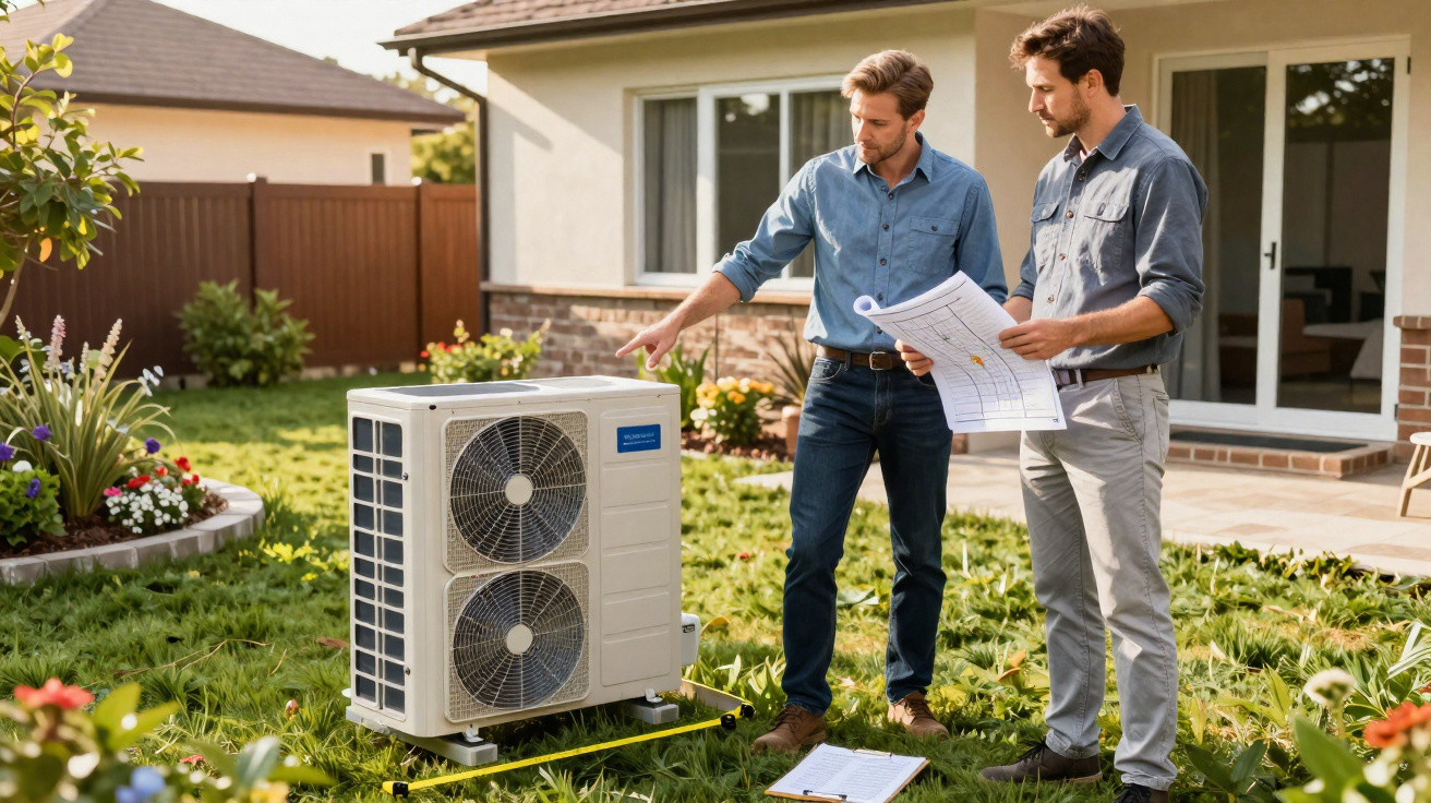Dois homens analisam um sistema de aquecimento ou ar condicionado no jardim de uma casa.