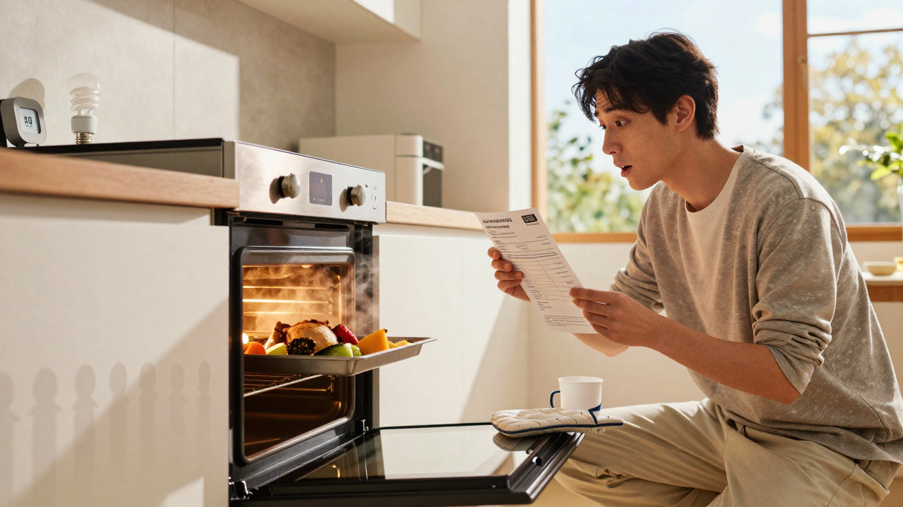 Pessoa jovem a ler instruções enquanto retira uma assadeira com comida do forno na cozinha iluminada.