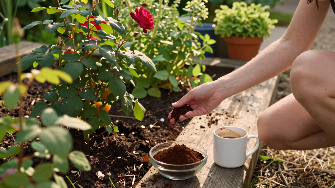 Pessoa a adubar um canteiro com borras de café, ao lado de uma caneca branca e plantas floridas.
