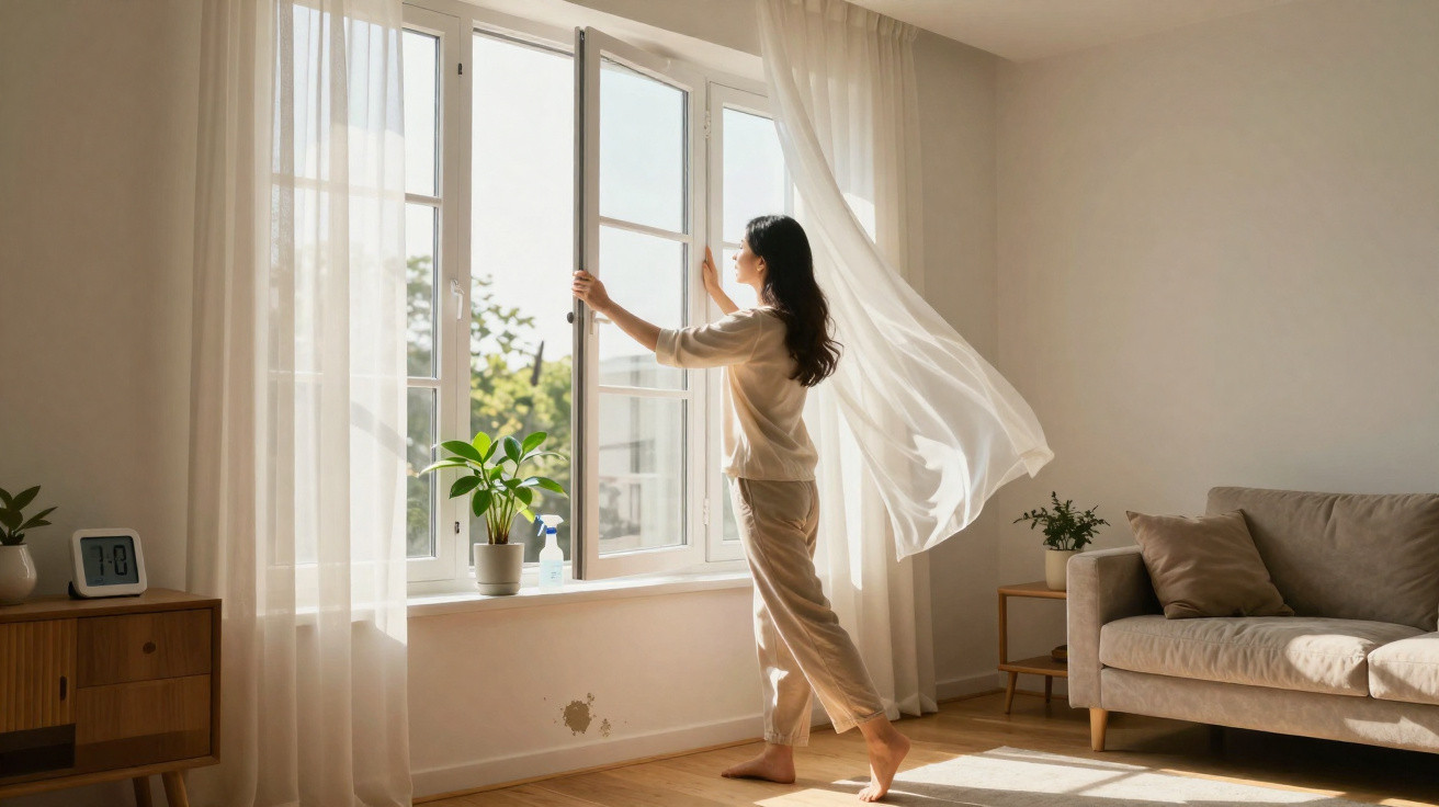 Mulher abre janela num apartamento luminoso com cortinas esvoaçantes e decoração minimalista.