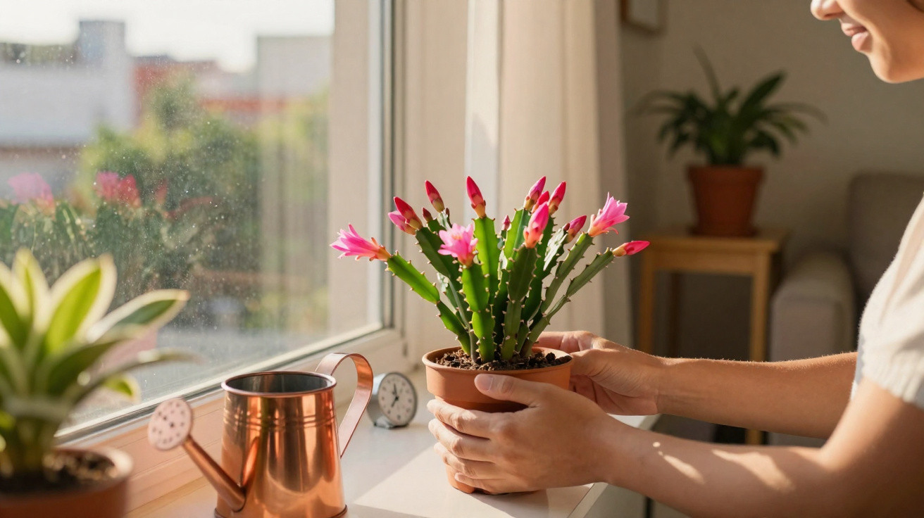 Pessoa a segurar vaso com flor de cactus rosa perto de janela com regador de cobre.
