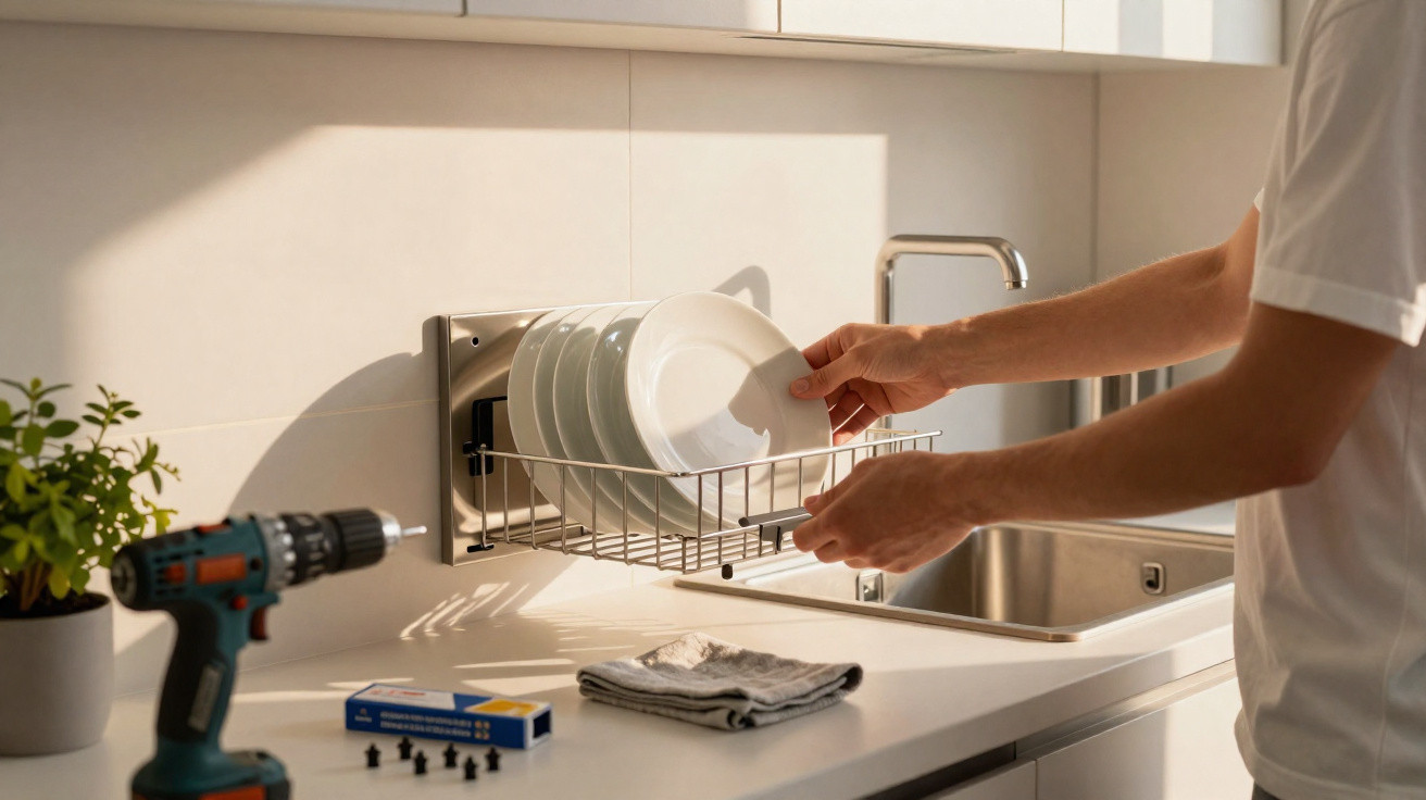 Pessoa a colocar pratos num escorredor de loiça embutido numa cozinha moderna com luz natural.