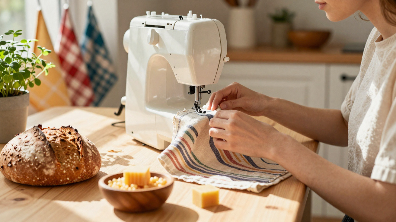 Pessoa a costurar tecido às riscas numa máquina de costura numa cozinha com pão e queijo na mesa.
