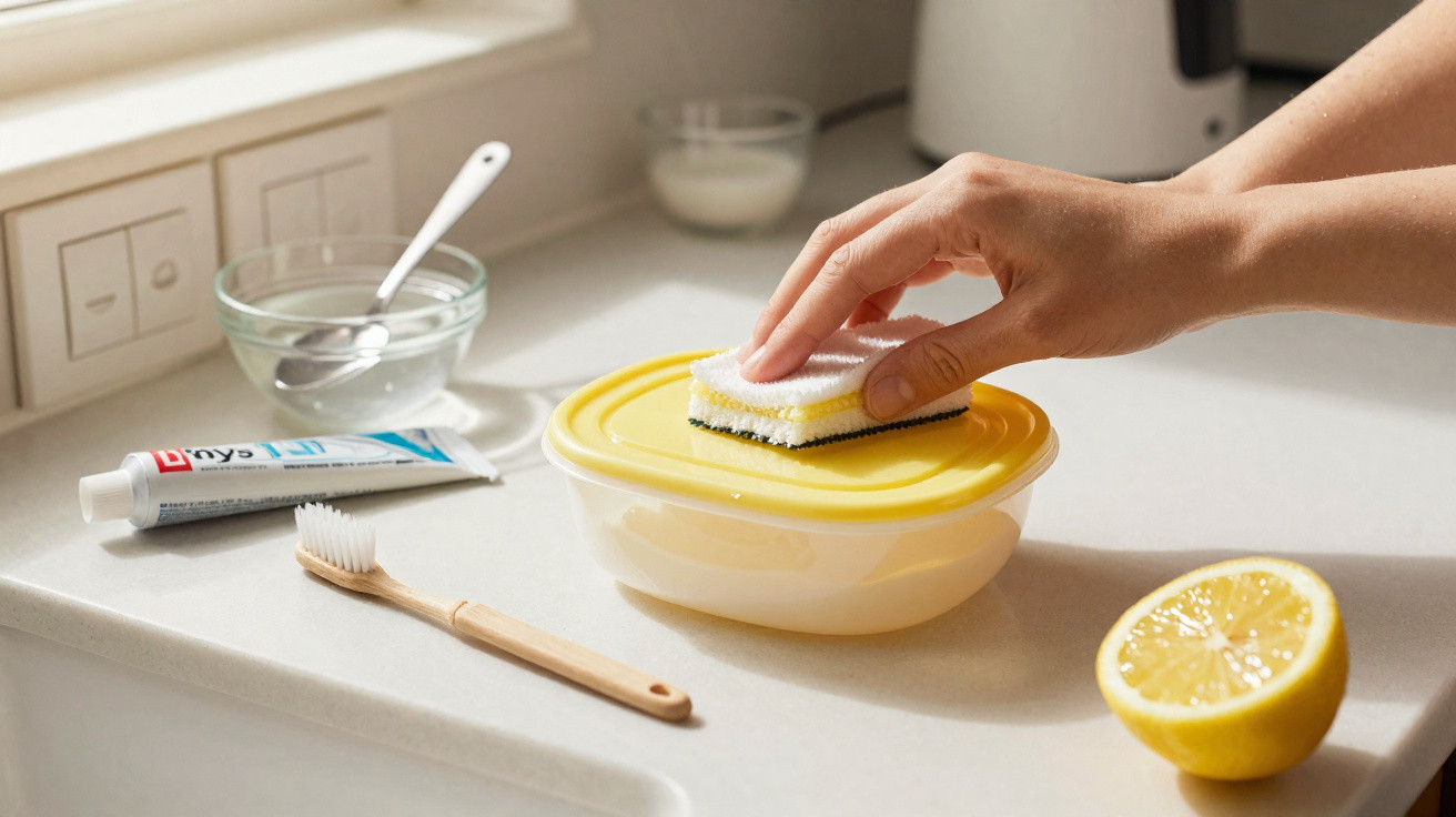Mão a limpar tampa amarela de caixa plástica com esponja, acompanhado de escova de dentes, pasta e limão.