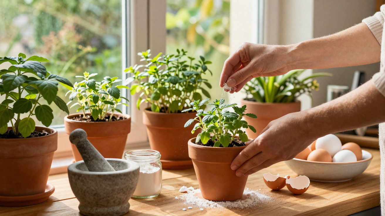 Pessoa a cuidar de plantas aromáticas em vasos de barro, polvilhando um ingrediente branco numa cozinha iluminada.