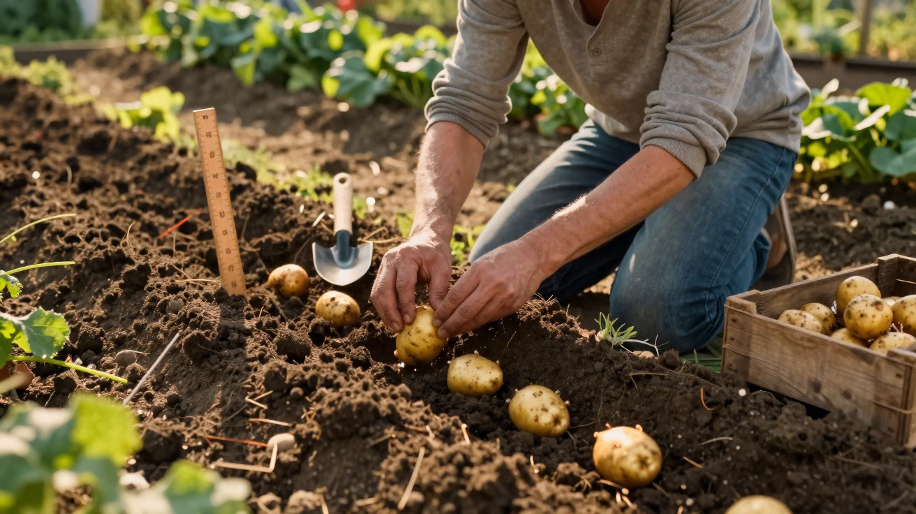 Homem a colher batatas recém-apertadas do solo num campo de batatas com caixa de madeira ao lado.