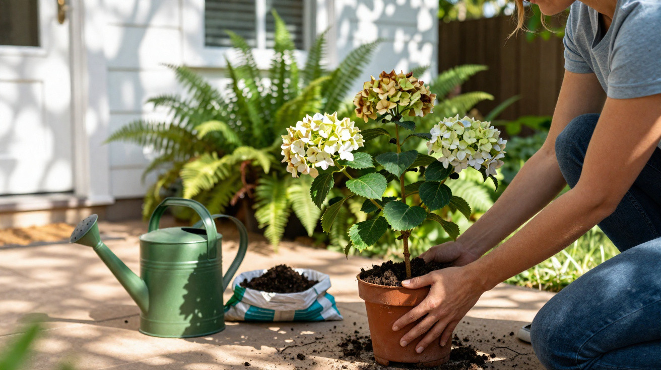 Pessoa a cuidar de planta com flores num vaso na varanda, ao lado de regador verde e saco de terra.