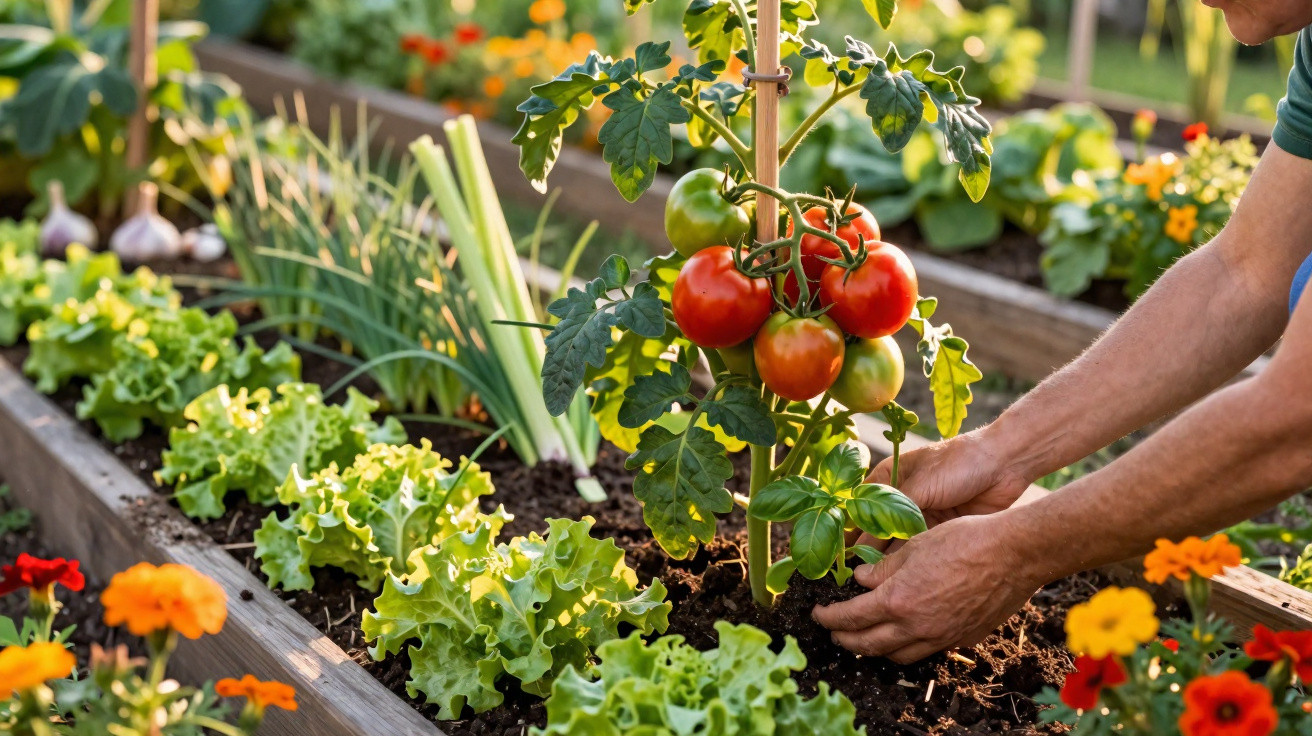 Mãos a tratar de planta de tomateiros maduros num canteiro com alface e flores coloridas.