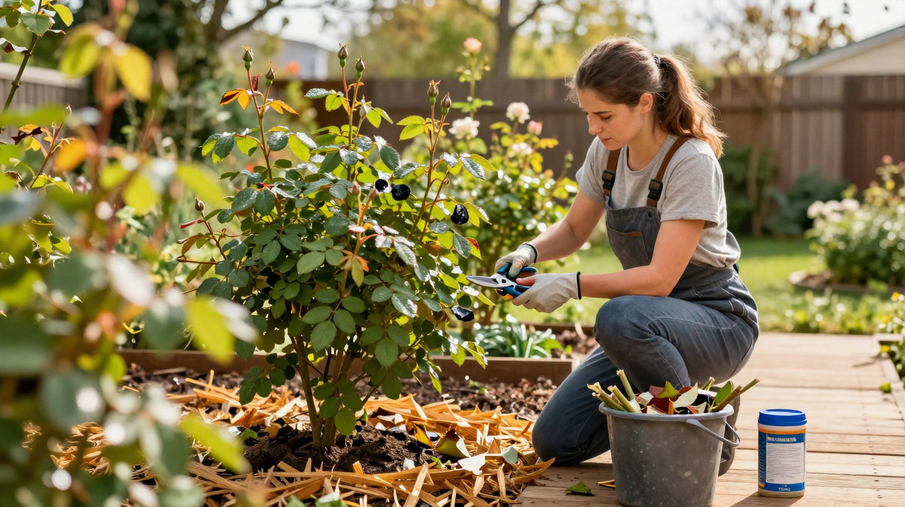 Mulher a podar uma roseira num jardim com luvas e ferramentas de jardinagem.