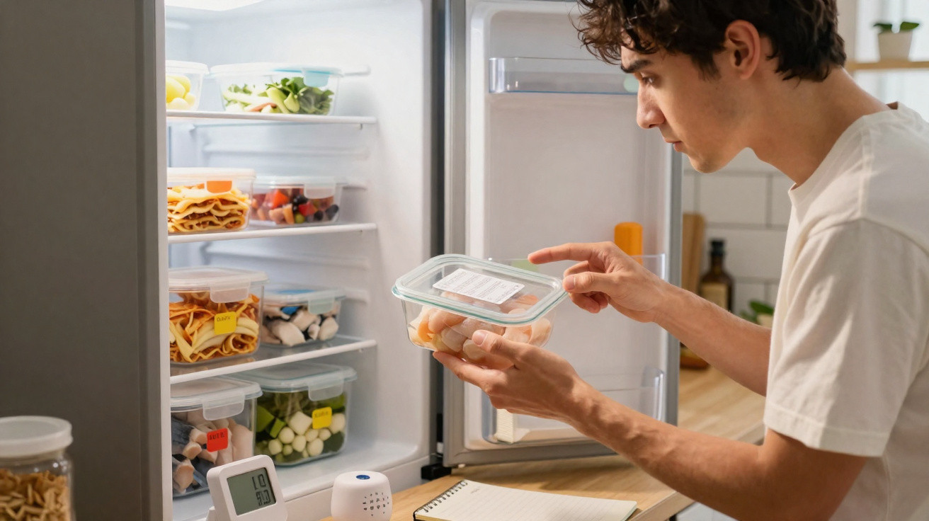 Homem a guardar comida em caixas plásticas etiquetadas dentro do frigorífico organizado numa cozinha moderna.