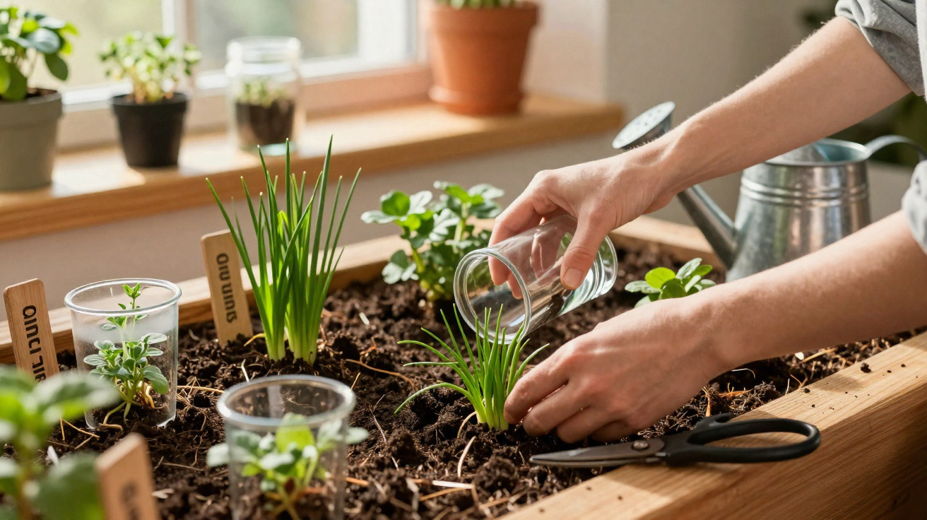 Mãos a regar pequenas plantas numa caixa de madeira com terra junto a janela iluminada.