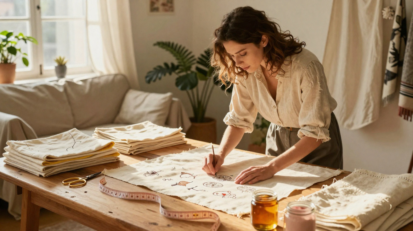 Mulher a desenhar e bordar em tecido, numa mesa com material de costura e fita métrica, em ambiente acolhedor.