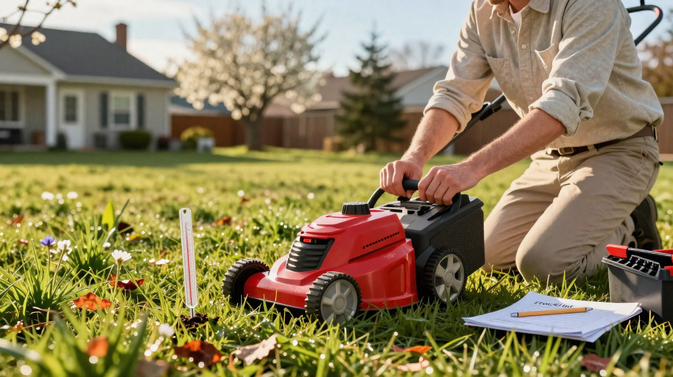 Homem a operar um cortador de relva vermelho num jardim com flores e árvores ao fundo.