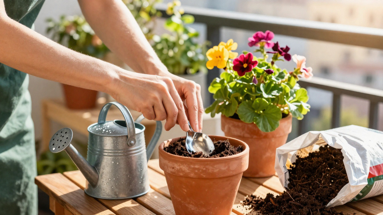 Pessoa a plantar sementes em vaso de barro, com regador e flores coloridas numa varanda ensolarada.