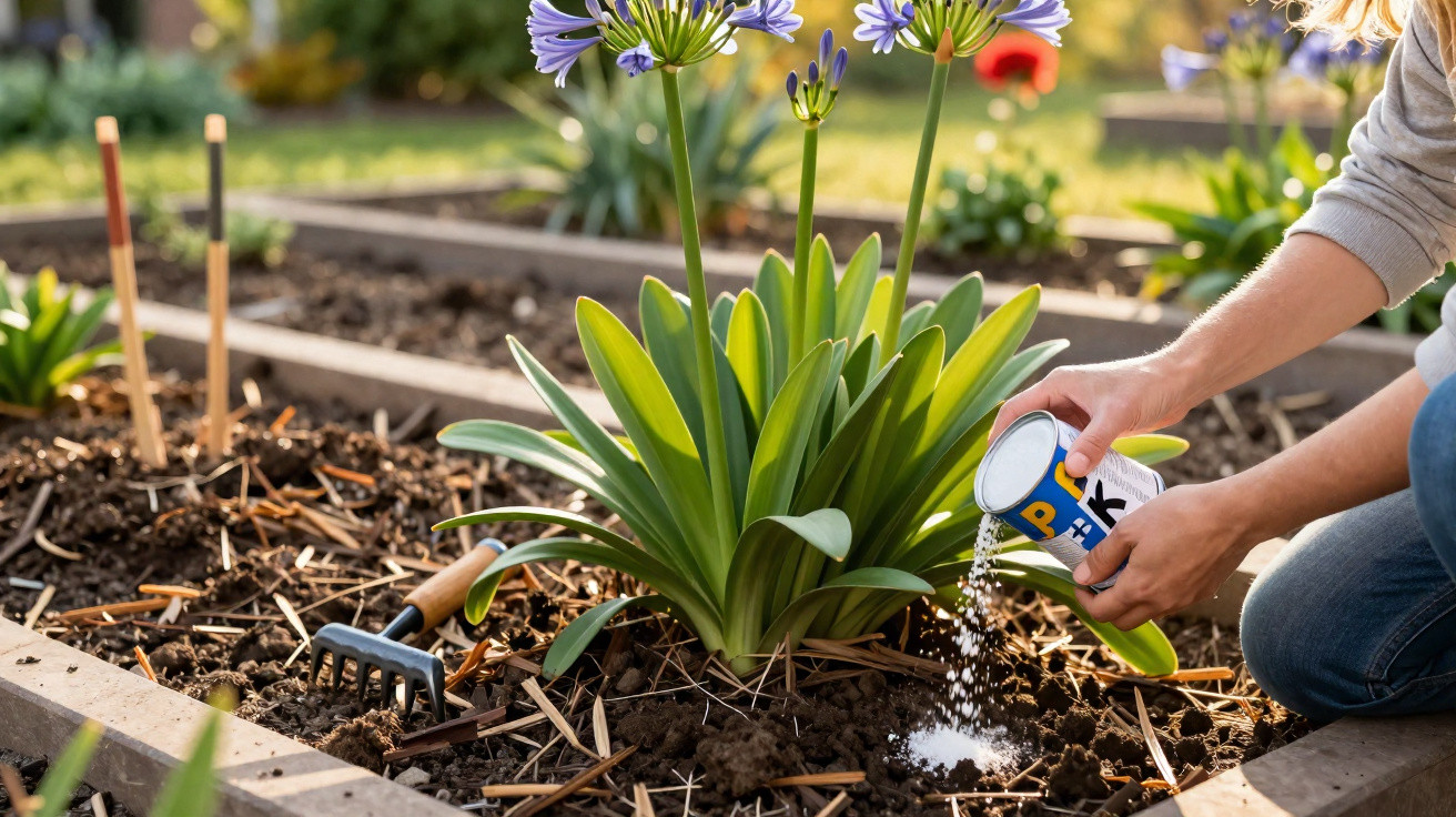 Pessoa a aplicar sal ao redor de planta com flores roxas em canteiro de terra numa horta.