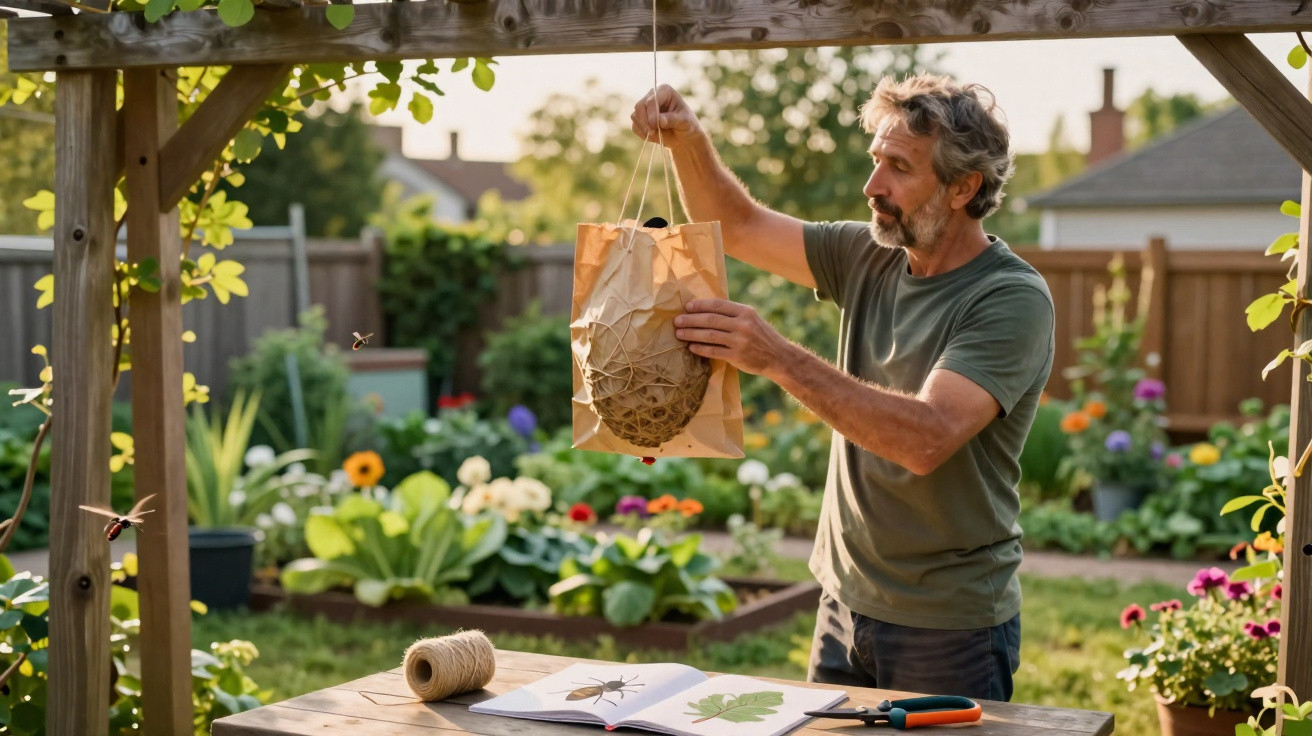 Homem pendura armadilha artesanal para vespas num jardim florido com ferramentas e livro aberto numa mesa.