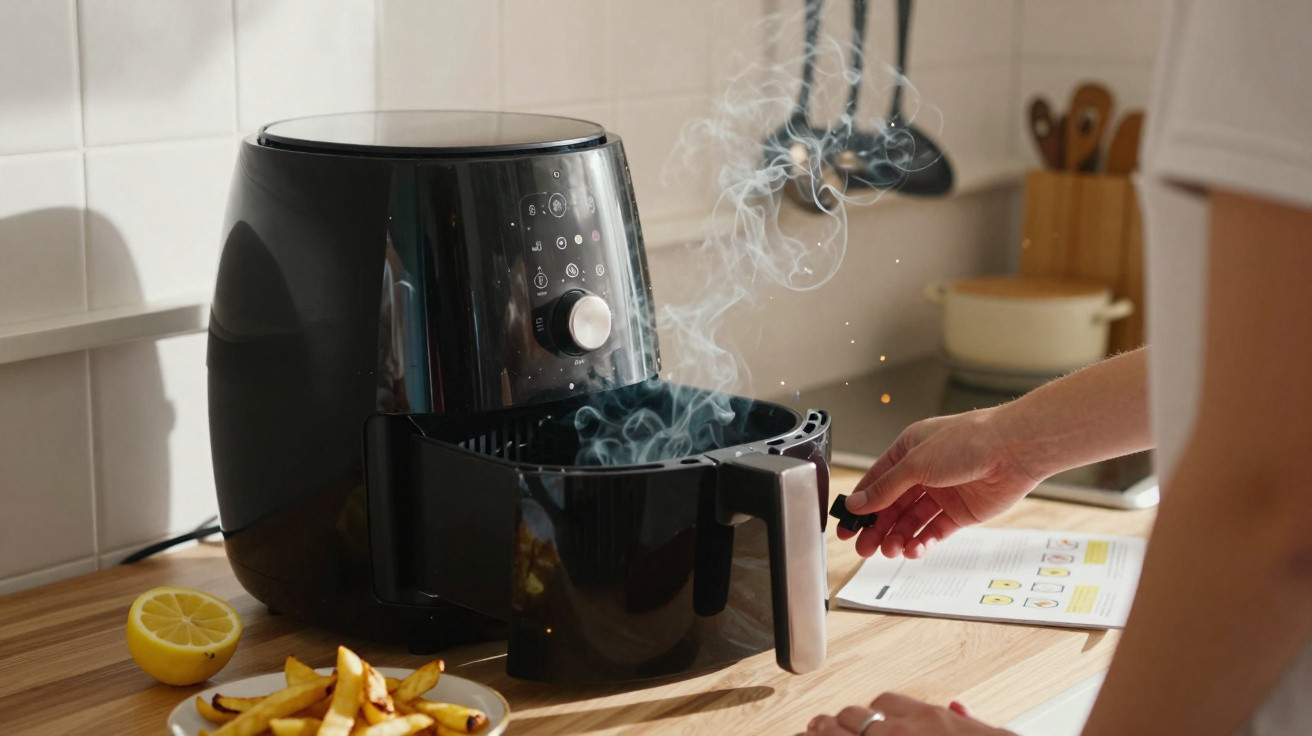 Pessoa a retirar batatas fritas quentes de uma fritadeira sem óleo numa cozinha moderna.