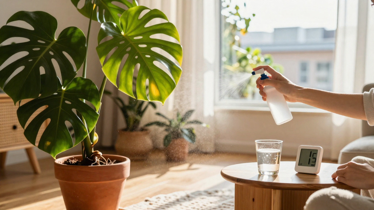 Pessoa pulveriza água em planta Monstera num ambiente luminoso e acolhedor.