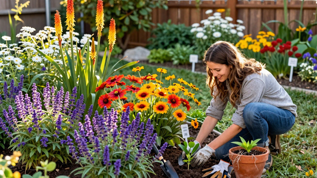 Mulher a plantar flores coloridas num jardim com luvas e roupa casual, num dia ensolarado.