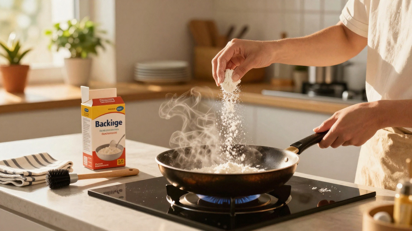Pessoa a adicionar farinha numa frigideira quente com vapor, numa cozinha iluminada e moderna.