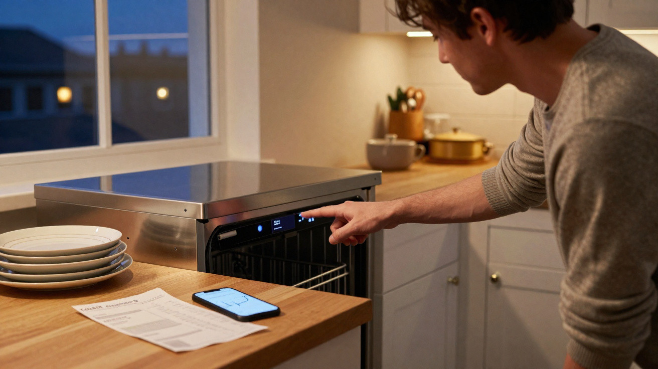Homem a programar máquina de lavar loiça numa cozinha moderna ao entardecer.