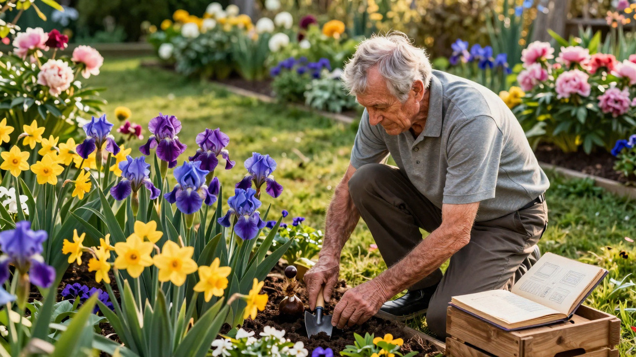 Idoso a cuidar de flores num jardim florido, com um livro aberto ao lado sobre uma caixa de madeira.