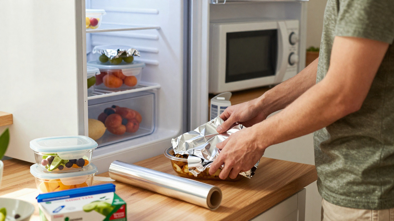 Pessoa a tapar um recipiente de vidro com película aderente na cozinha, junto ao frigorífico aberto.
