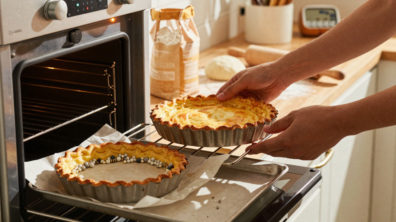 Mãos a retirar uma tarte cozida do forno numa cozinha com ingredientes e utensílios ao fundo.