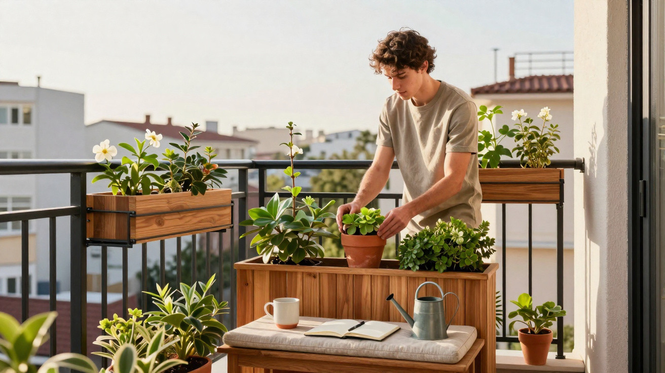 Jovem a cuidar de plantas em vaso numa varanda com vários vasos e floreiras de madeira.