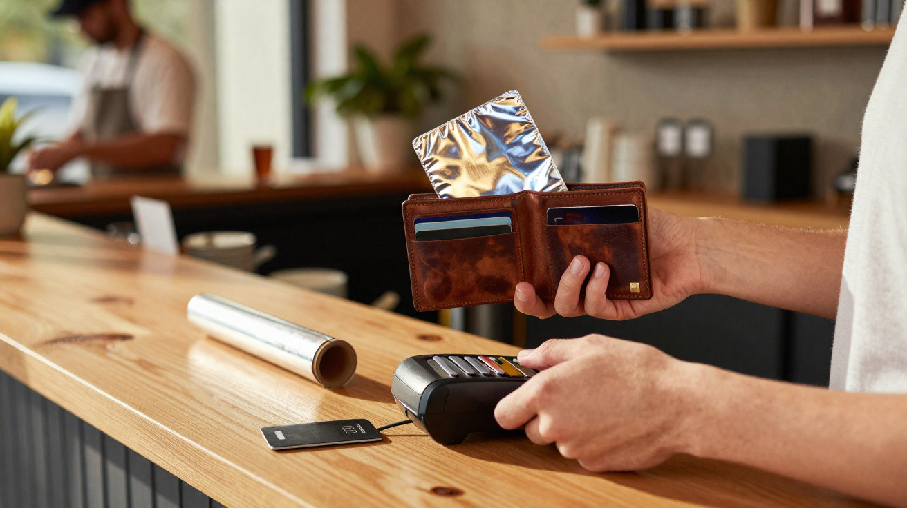 Pessoa a segurar carteira com cartão e embalagem prateada para pagamento num terminal num café.