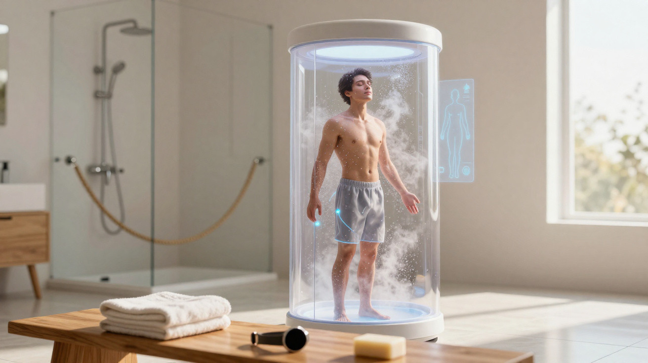 Homem dentro de cápsula futurista com luzes azuis numa casa de banho moderna e luminosa.