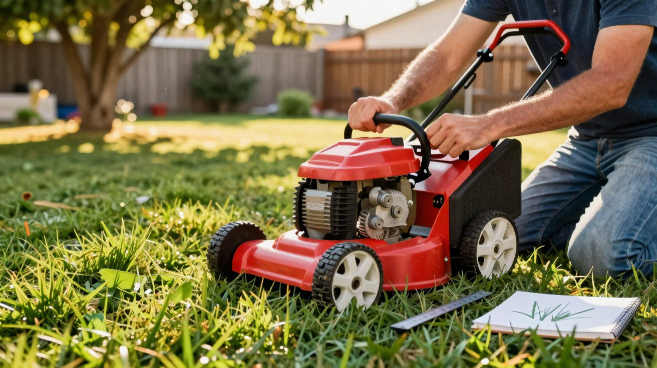 Pessoa a preparar um cortador de relva vermelho num jardim com relva e caderno ao lado.