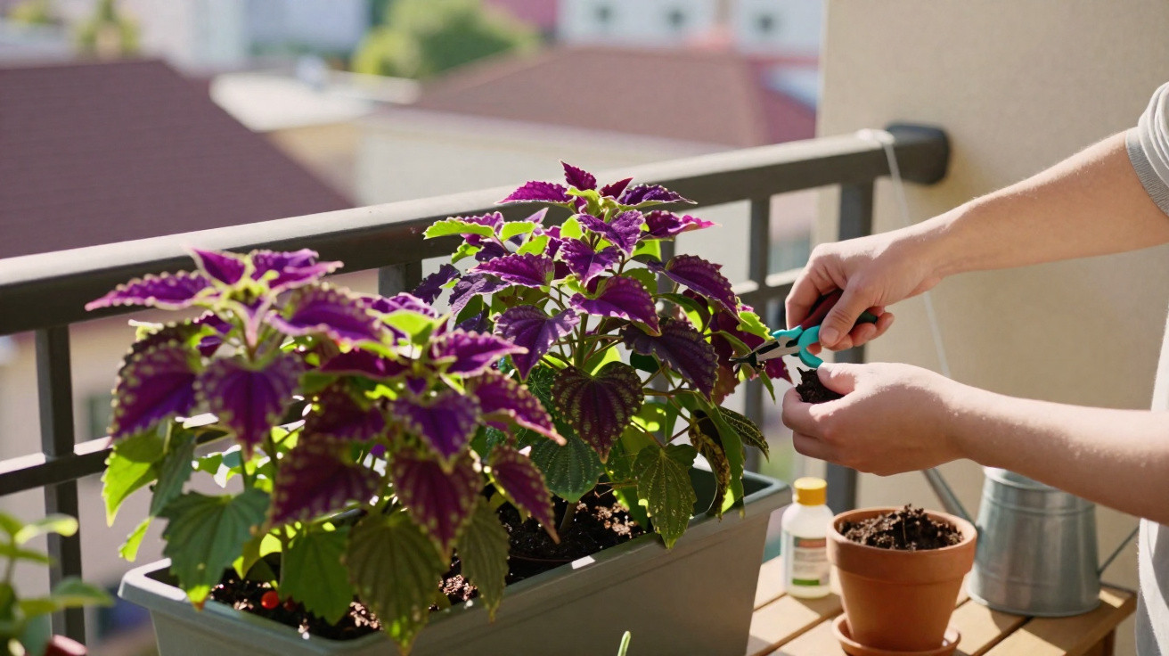 Mãos a podar plantas com folhas verdes e roxas num recipiente numa varanda ensolarada.