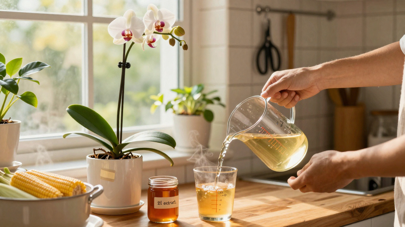 Pessoa a servir chá quente num copo numa cozinha com plantas e milho junto à janela.