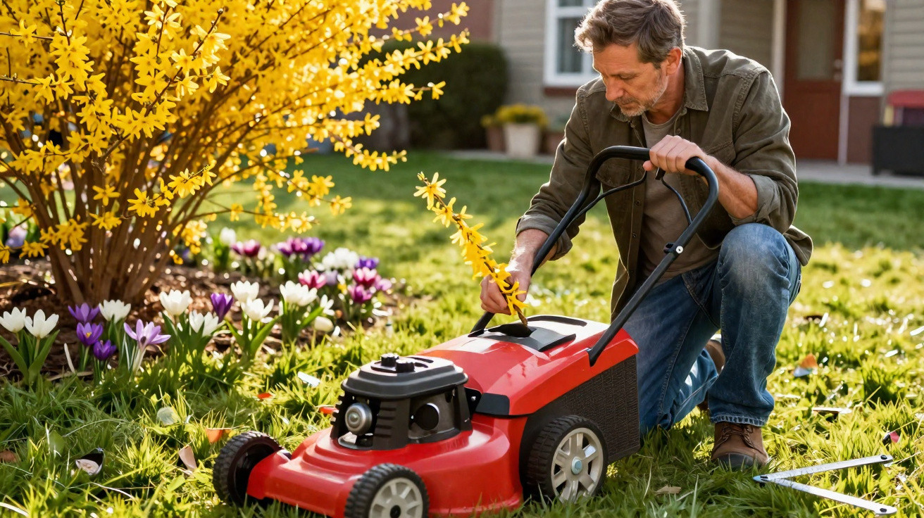 Homem ajeita arbusto amarelo junto a corta-relva vermelho num jardim florido ao sol.