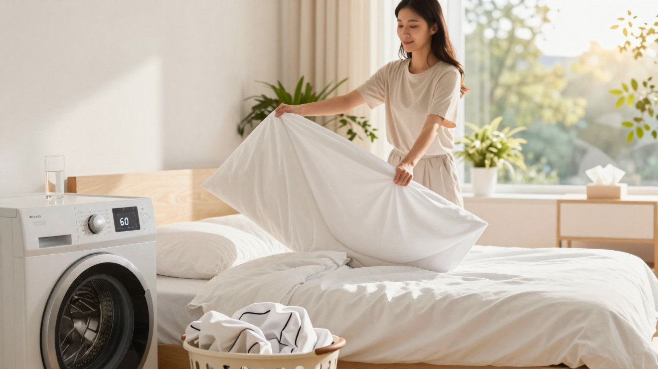 Mulher a colocar almofada na cama num quarto luminoso com máquina de lavar e cesta de roupa.