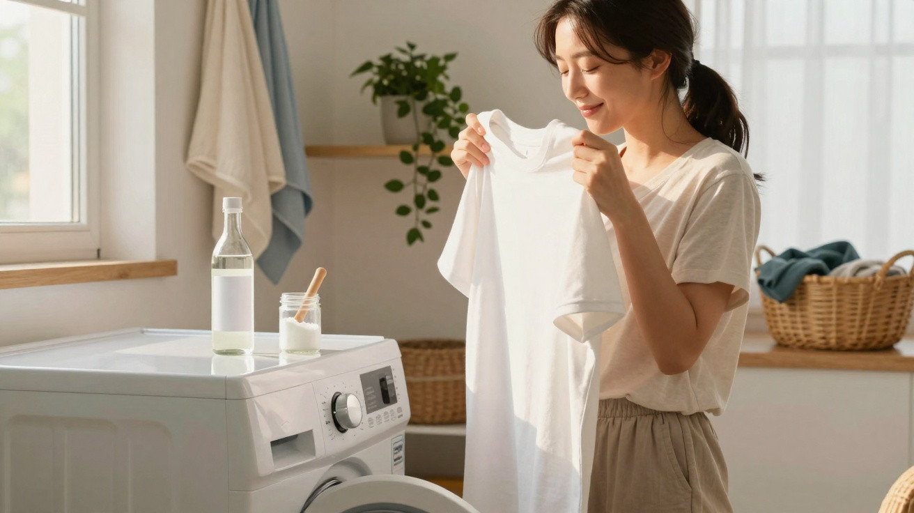 Mulher sorridente a segurar uma t-shirt branca junto a uma máquina de lavar roupa numa casa iluminada.