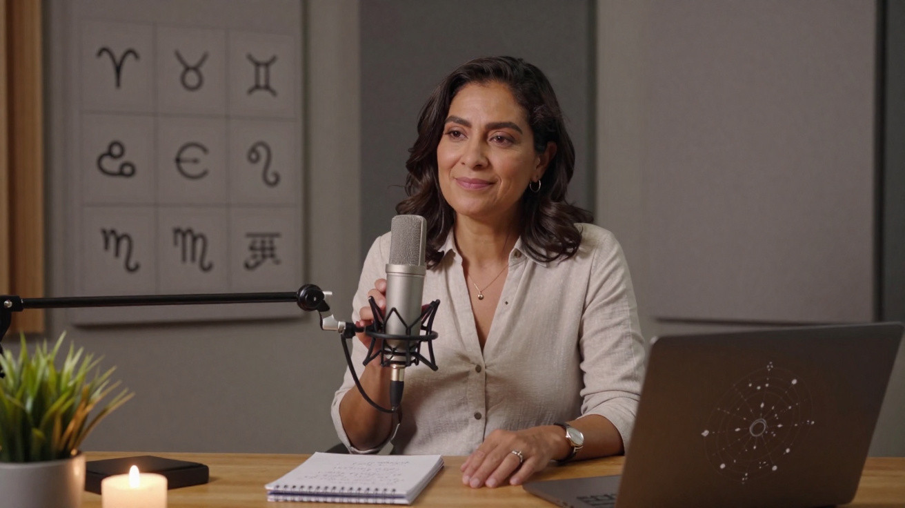 Mulher com microfone em estúdio, com mapa astrológico e computador à sua frente.