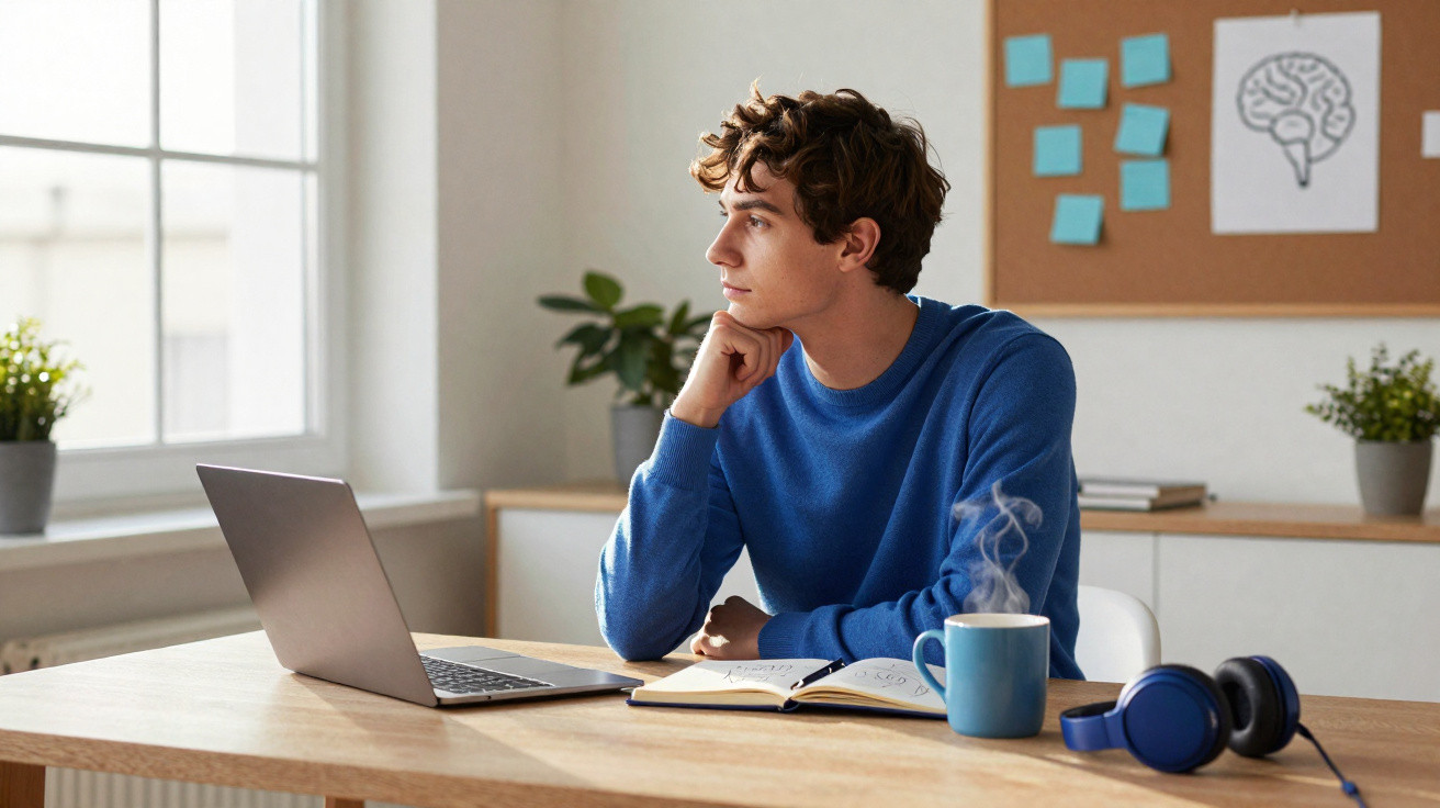 Jovem sentado à mesa, olhando pela janela, com computador, caderno, caneca e auscultadores.