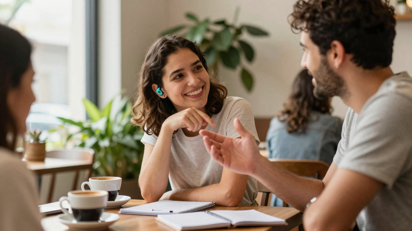 Grupo de jovens a conversar e estudar numa cafetaria com cadernos e café à mesa.