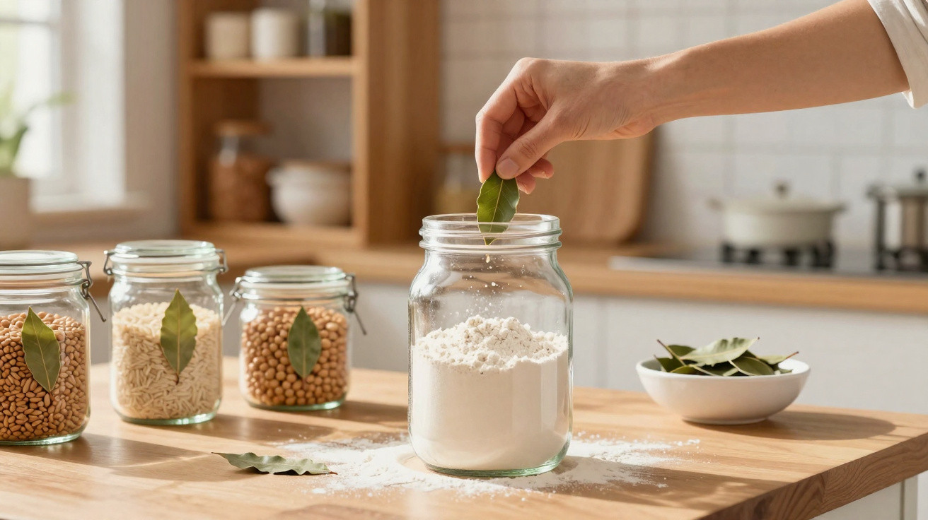 Mão a colocar folha de louro em frasco com farinha, com outros frascos e folhas sobre mesa de cozinha.