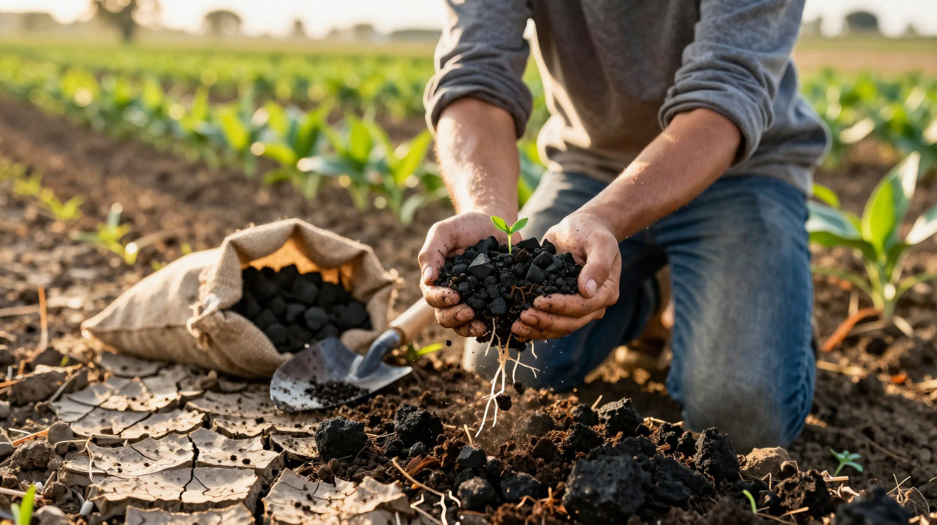 Pessoa a plantar uma muda num campo com solo seco, segurando terra fértil nas mãos.