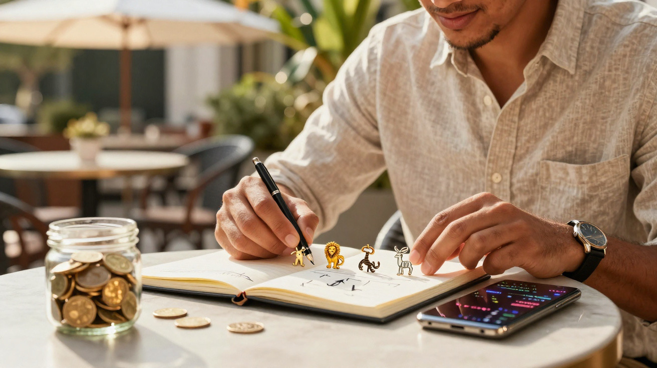 Homem desenha figuras de animais numa agenda, com moedas num frasco e telemóvel numa mesa ao ar livre.